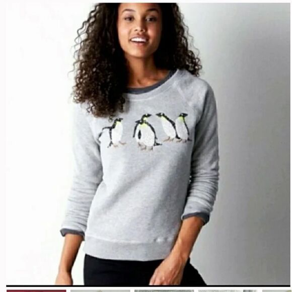 American Eagle Sequin Penguins Gray Sweater - Picture 1 of 8
